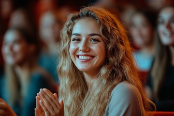 Fototapeta premium happy smiling girl in a audience in a theater applauding clapping hands
