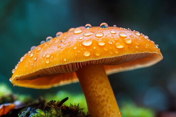 Closeup of a single orange mushroom with water droplets on its cap, growing in a forest
