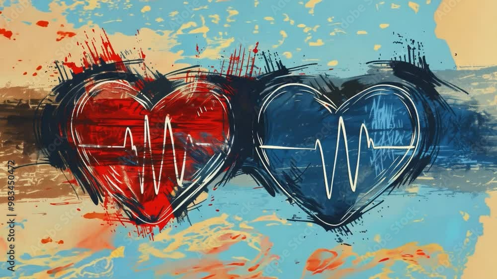 Aufkleber the artwork showcases two hearts, one red and one blue, with heartbeat lines running through them, s