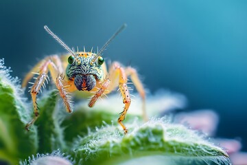 Naklejka premium Close up of a colorful jumping spider with big eyes on green leaf. Macro photography of insect wildlife.