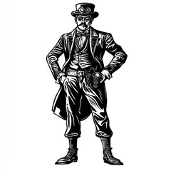 Fototapeta premium A steampunk gentleman in a top hat and goggles, with his hands in his pockets, stands with a confident pose.