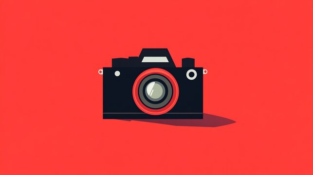 Minimalist illustration of a black camera with a red lens on a bright red background.