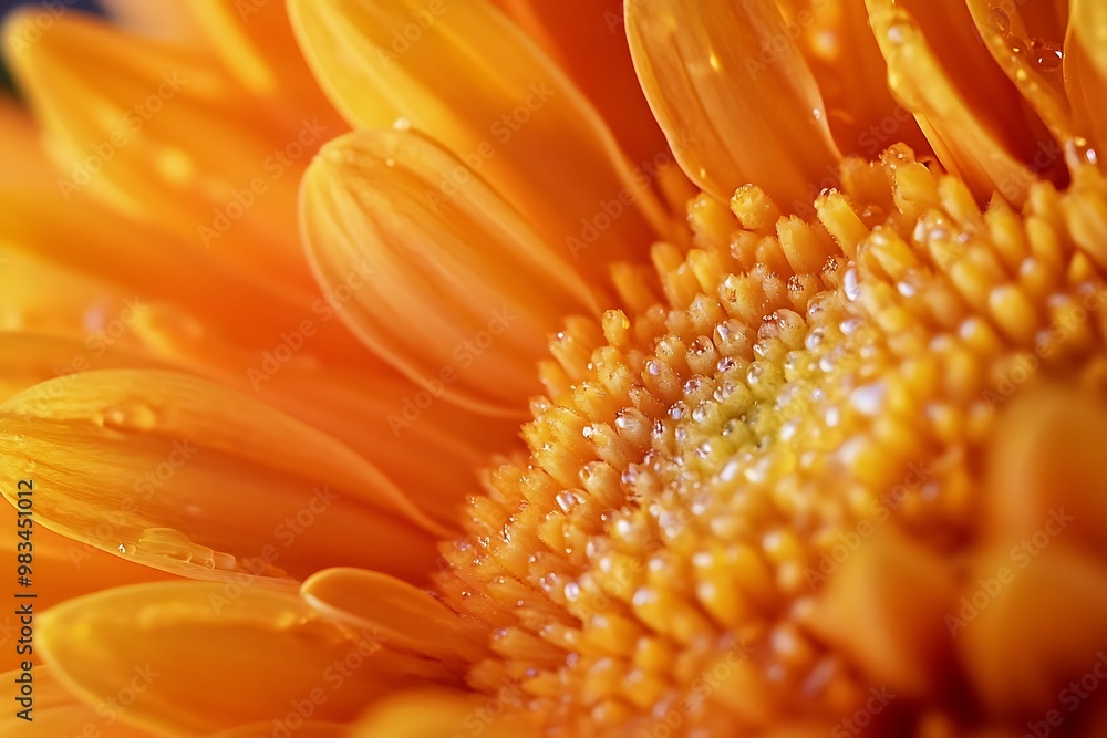 Wall mural Macro Photo of a Wet Orange Gerbera Daisy with Dew Drops