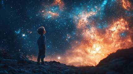 Obraz premium Young boy gazes up at a vast, starry sky.