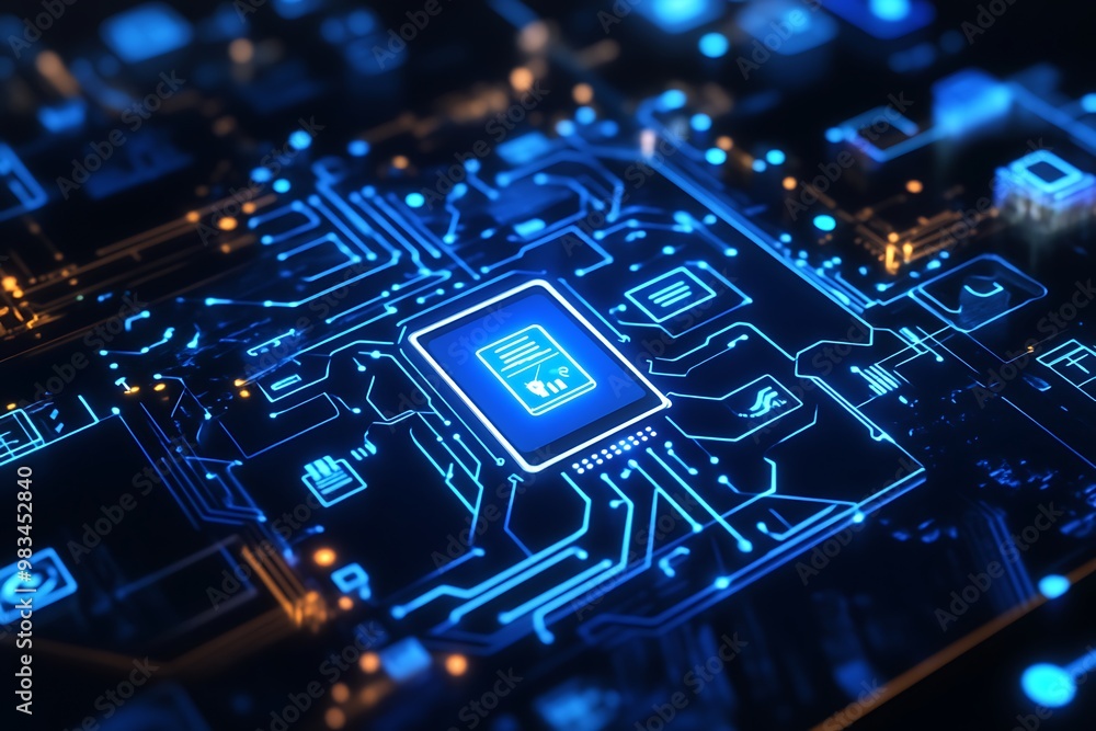 Poster digital data processing and storage concept on motherboard