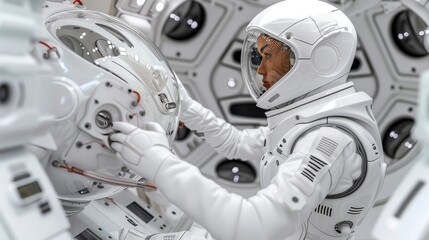 Focused Female Astronaut Adjusting Equipment, Preparing for Space Exploration Mission
