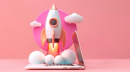 3d illustration rocket coming out of a laptop on blue background