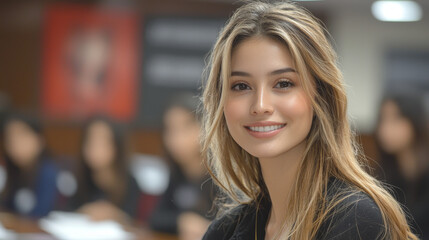 Fototapeta premium A young woman with long blonde hair smiles at the camera.