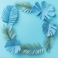 Tropical Leaves Frame on Blue Background for Creative Designs