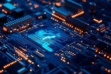 Obraz premium Abstract close up of a glowing circuit board with intricate electronic components. Concept of technology, innovation, digital, and future.