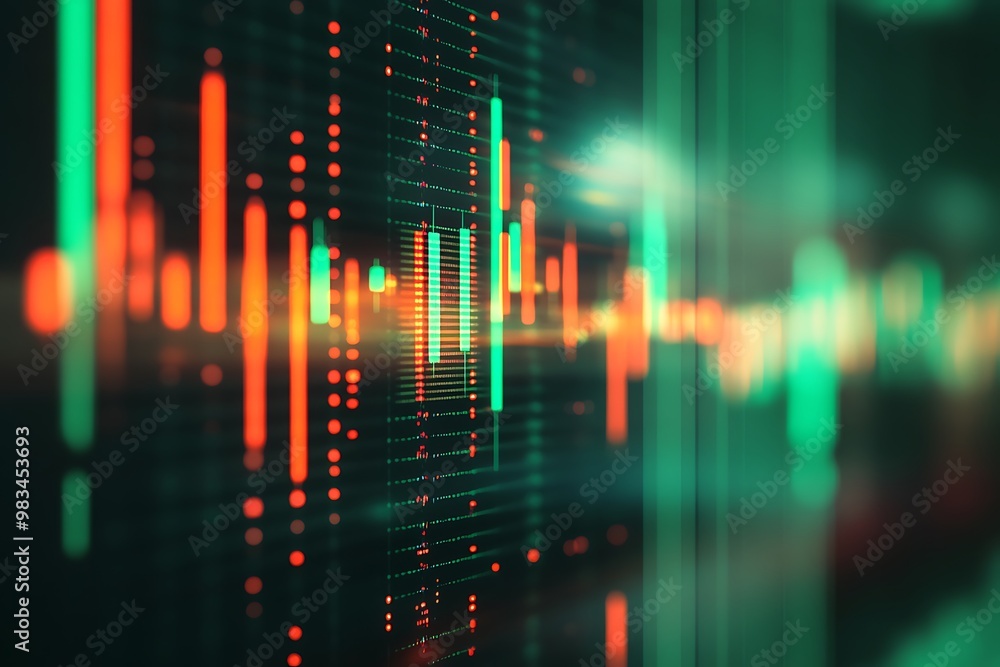 Poster abstract green and red digital lines with financial data fluctuations on a digital screen