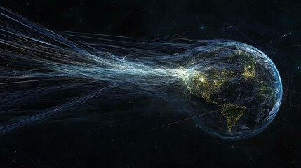 A glowing earth with streaks of light in the dark space, symbolizing global connectivity and communication.