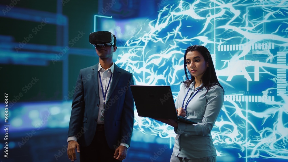 Poster technician wearing vr headset looks at hologram of artificial intelligence human brain simulation, a