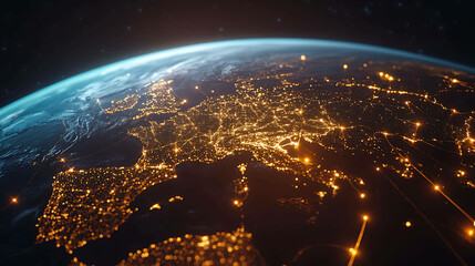 Earth at night with glowing city lights.