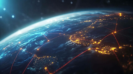 A futuristic image of Earth at night with glowing red lines connecting major cities, representing global network.