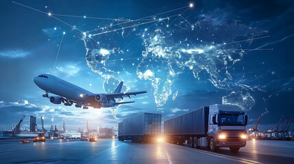 Fototapeta premium A plane taking off and a truck driving on a highway with a glowing world map in the background.