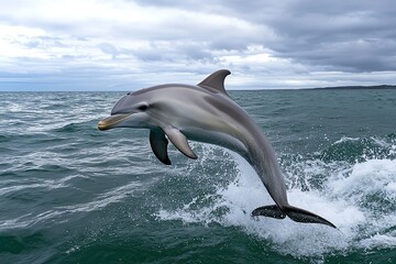 Grey dolphin, leaping gracefully out of the ocean under a cloudy sky