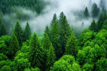 Fototapeta premium Grey fog drifting through a dense forest, with towering trees fading into the mist