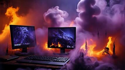 A striking gaming setup features two monitors surrounded by swirling smoke and vibrant flames, creating an intense, atmospheric backdrop.