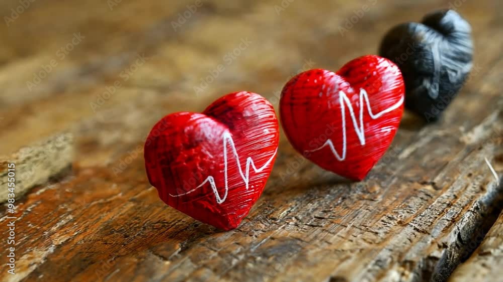 Poster two heart-shaped figurines are placed on a rustic wooden surface. one heart is red with a heartbeat 