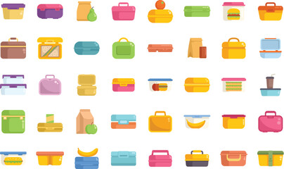 This vector illustration features a variety of lunch boxes, perfect for illustrating healthy eating habits or back to school concepts