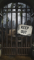 Keep Out: Rusty Iron Gate with Warning Sign Leading to Abandoned Graveyard