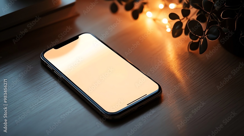 Poster smartphone on a wooden table with string lights in the background.