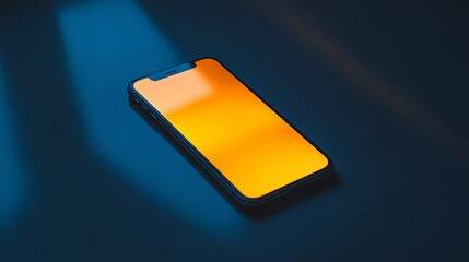 A modern smartphone with a bright yellow screen on a blue surface.