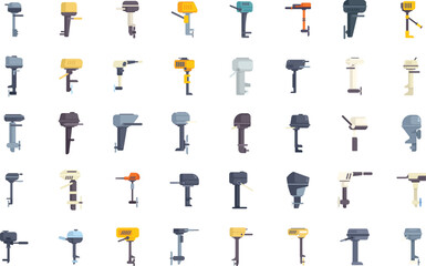 Variety of outboard motors are displayed, showcasing different sizes, colors, and designs for various watercraft