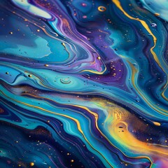 Liquid Dreamscape. Abstract Fluid Art Painting with Swirls of Blue, Purple, Gold, and Green.