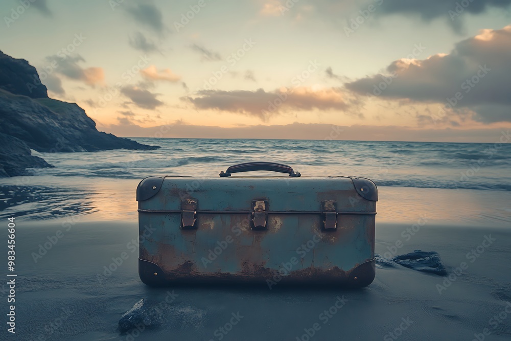 Poster Vintage Suitcase on a Sandy Beach at Sunset