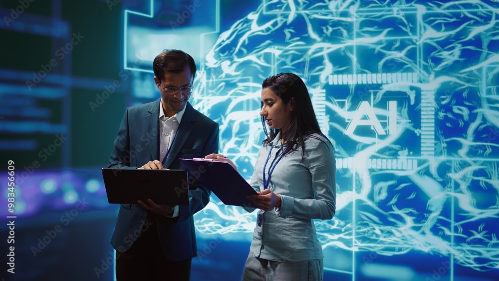 Poster ai researcher and coworker working with artificial intelligence neural networks. computer scientists