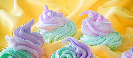 Soft swirls of lavender and mint cotton candy stand out against a bold yellow background, offering a delightful contrast of color and texture.