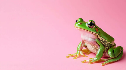 Obraz premium Green frog sitting on pink background.