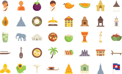 Discover cambodia with this vibrant set of icons representing its rich culture, from delicious cuisine and ancient temples to traditional music and the warmth of its people