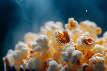 Close up of freshly popped popcorn with steam. Movie snacks, theater, cinema, and entertainment concept