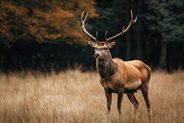 Obraz premium Majestic Red Deer Buck Standing in Autumn Field