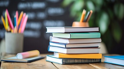 A stack of books on a wooden desk in a classroom setting.