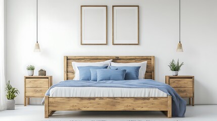 Cozy bedroom setup with wooden furniture and blue accents for relaxation.