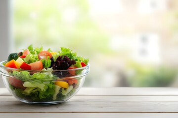 A fresh salad with colorful vegetables in a bowl.