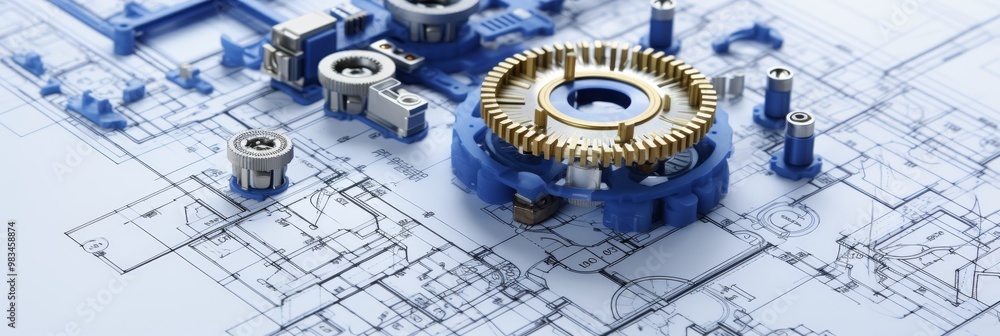 Poster precision engineering intricate gears and cogs overlaid on detailed architectural blueprints
