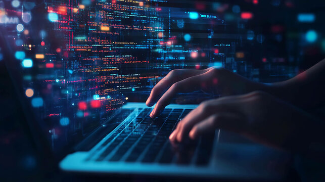 Hands typing on a laptop keyboard with glowing digital data and code in the background.