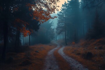 Fototapeta premium Mysterious foggy forest path with sunbeams shining through the trees