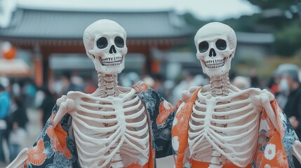 Fototapeta premium Skeletons dressed in yukatas dancing at a Halloween-themed Obon festival selective focus - A spooky celebration of both cultures - surreal - Fusion - Festival square backdrop