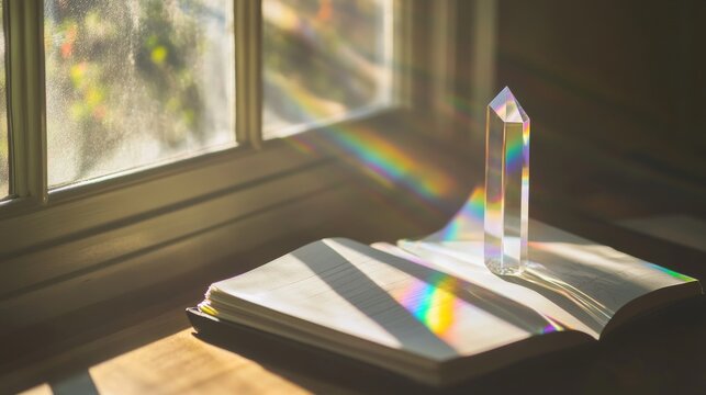  Una prisma de cristal proyectando arco&iacute;ris sobre las p&aacute;ginas de un libro abierto, con la luz del sol entrando por la ventana, creando un efecto luminoso y sereno.