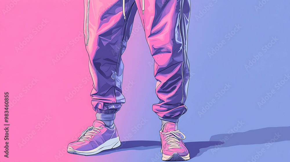 Wall mural A pair of legs wearing purple sweatpants and sneakers on a pink and blue gradient background.