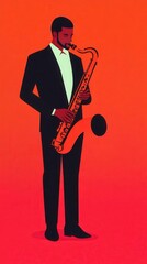 Fototapeta premium Artistic jazz band, performing saxophone on stage, vector illustration