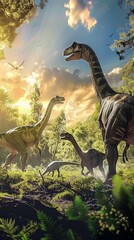 Jurassic Dinosaurs in Dramatic Sunset Landscape