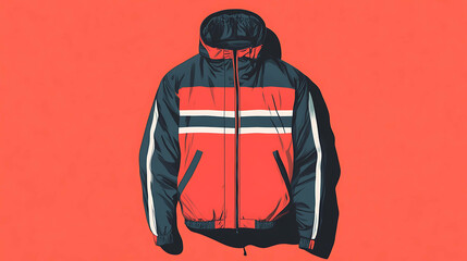 Red and black striped jacket with a hood on a red background.