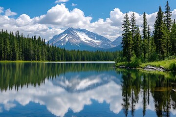 Mountain reflection in a lake with green forest and white clouds in blue sky